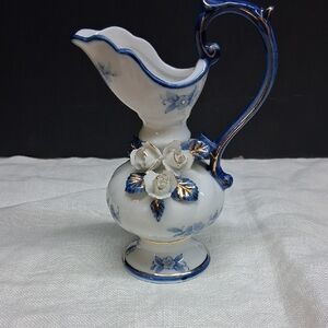 Lego Fine China Ewer 5" Cobalt Blue/White Porcelain Pitcher 3D Flowers Gold Trim